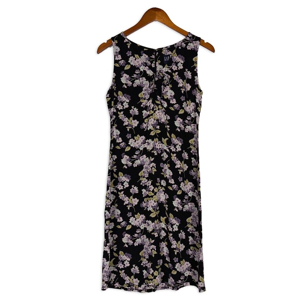 Vintage Gap Black Floral Rayon Midi Dress XS Sheer Tie V Neck Y2K 90s Grunge